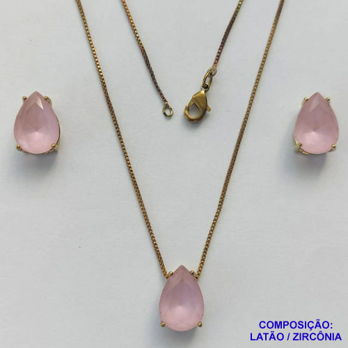 CONJUNTO NO BRUTO PRONTO PARA O BANHO - CORRENTE VENEZIANA 45CM E PINGENTE E BRINCOS COM BASE EM ALTA FUSÃO E ZIRCÔNIAS ROSA LEITOSA 10X14MM - PESO TOTAL 8,6GR -  BRU14373