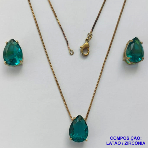 CONJUNTO NO BRUTO PRONTO PARA O BANHO - CORRENTE VENEZIANA 45CM E PINGENTE E BRINCOS COM BASE EM ALTA FUSÃO E ZIRCÔNIAS VERDE 10X14MM - PESO TOTAL 8,6GR -  BRU14374