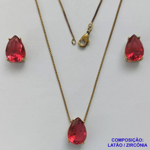 CONJUNTO NO BRUTO PRONTO PARA O BANHO - CORRENTE VENEZIANA 45CM E PINGENTE E BRINCOS COM BASE EM ALTA FUSÃO E ZIRCÔNIAS ROSA 10X14MM - PESO TOTAL 8,6GR -  BRU14375