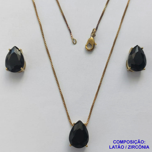 CONJUNTO NO BRUTO PRONTO PARA O BANHO - CORRENTE VENEZIANA 45CM E PINGENTE E BRINCOS COM BASE EM ALTA FUSÃO E ZIRCÔNIAS PRETA 10X14MM - PESO TOTAL 8,6GR -  BRU14376