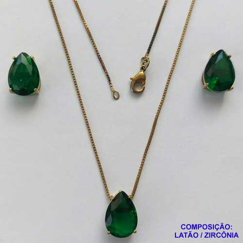 CONJUNTO NO BRUTO PRONTO PARA O BANHO - CORRENTE VENEZIANA 45CM E PINGENTE E BRINCOS COM BASE EM ALTA FUSÃO E ZIRCÔNIAS VERDE ESCURA 10X14MM - PESO TOTAL 8,6GR -  BRU14377