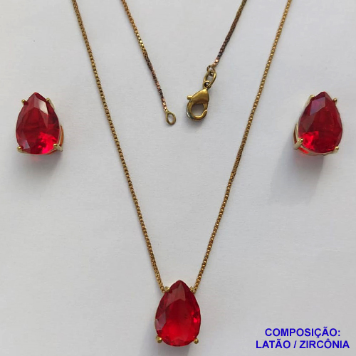 CONJUNTO NO BRUTO PRONTO PARA O BANHO - CORRENTE VENEZIANA 45CM E PINGENTE E BRINCOS COM BASE EM ALTA FUSÃO E ZIRCÔNIAS VERMELHA 10X14MM - PESO TOTAL 8,6GR -  BRU14378