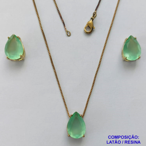 CONJUNTO NO BRUTO PRONTO PARA O BANHO - CORRENTE VENEZIANA 45CM E PINGENTE E BRINCOS COM BASE EM ALTA FUSÃO E RESINAS VERDES 10X14MM - PESO TOTAL 6GR -  BRU14380