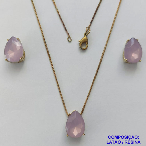 CONJUNTO NO BRUTO PRONTO PARA O BANHO - CORRENTE VENEZIANA 45CM E PINGENTE E BRINCOS COM BASE EM ALTA FUSÃO E RESINAS LILÁS 10X14MM - PESO TOTAL 6GR -  BRU14381