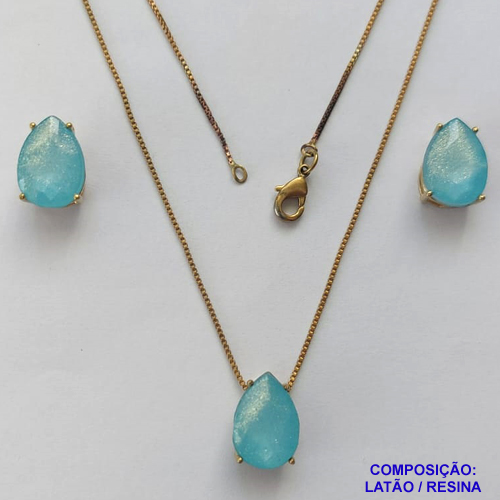 CONJUNTO NO BRUTO PRONTO PARA O BANHO - CORRENTE VENEZIANA 45CM E PINGENTE E BRINCOS COM BASE EM ALTA FUSÃO E RESINAS AZUL CLARO 10X14MM - PESO TOTAL 6GR -  BRU14382