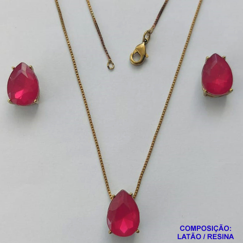 CONJUNTO NO BRUTO PRONTO PARA O BANHO - CORRENTE VENEZIANA 45CM E PINGENTE E BRINCOS COM BASE EM ALTA FUSÃO E RESINAS ROSA 10X14MM - PESO TOTAL 6GR -  BRU14383