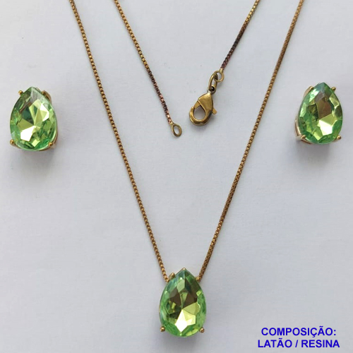 CONJUNTO NO BRUTO PRONTO PARA O BANHO - CORRENTE VENEZIANA 45CM E PINGENTE E BRINCOS COM BASE EM ALTA FUSÃO E RESINAS VERDES 10X14MM - PESO TOTAL 6GR -  BRU14384