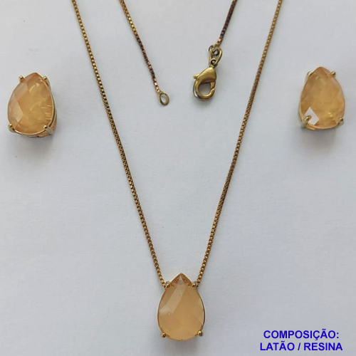 CONJUNTO NO BRUTO PRONTO PARA O BANHO - CORRENTE VENEZIANA 45CM E PINGENTE E BRINCOS COM BASE EM ALTA FUSÃO E RESINAS AMARELAS 10X14MM - PESO TOTAL 6GR -  BRU14385