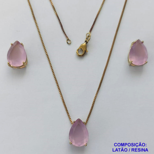 CONJUNTO NO BRUTO PRONTO PARA O BANHO - CORRENTE VENEZIANA 45CM E PINGENTE E BRINCOS COM BASE EM ALTA FUSÃO E RESINAS ROSAS 10X14MM - PESO TOTAL 6GR -  BRU14386