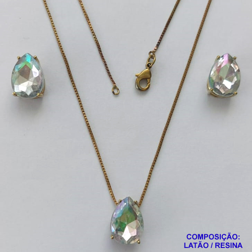 CONJUNTO NO BRUTO PRONTO PARA O BANHO - CORRENTE VENEZIANA 45CM E PINGENTE E BRINCOS COM BASE EM ALTA FUSÃO E RESINAS CRISTAL 10X14MM - PESO TOTAL 6GR -  BRU14387