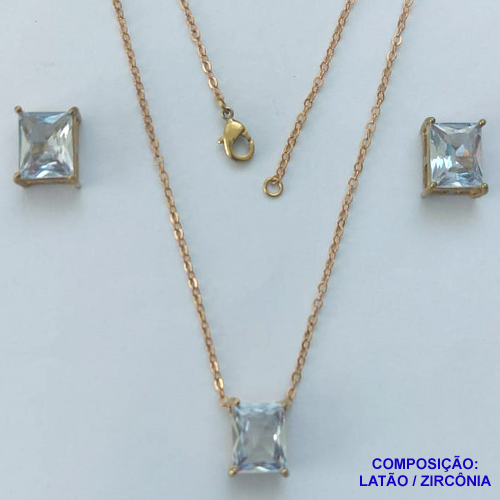 CONJUNTO NO BRUTO PRONTO PARA O BANHO - CORRENTE CADEADO 45CM E PINGENTE E BRINCOS COM BASE EM ALTA FUSÃO E ZIRCÔNIAS CRISTAIS 8X10MM - PESO TOTAL 3,2GR -  BRU14389
