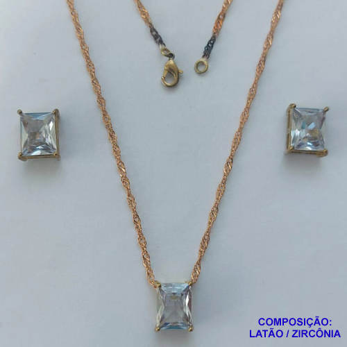 CONJUNTO NO BRUTO PRONTO PARA O BANHO - CORRENTE SINGAPURA 45CM E PINGENTE E BRINCOS COM BASE EM ALTA FUSÃO E ZIRCÔNIAS CRISTAIS 8X10MM - PESO TOTAL 3,2GR -  BRU14390