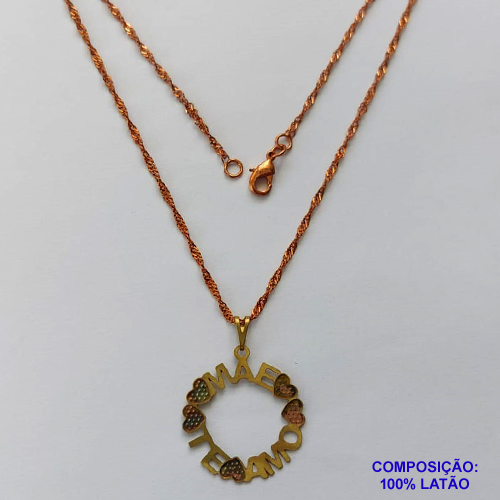 GARGANTILHA NO BRUTO PRONTO PARA O BANHO - (CX.14)  GARGANTILHA 43CM COM PINGENTE FOTO CORROSÃO VAZADO MÃE TE AMO 25MM - PESO TOTAL 1,9GR - BRU14394