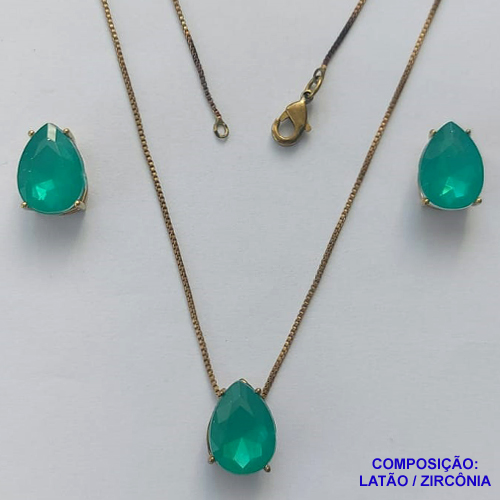 CONJUNTO NO BRUTO PRONTO PARA O BANHO - CORRENTE VENEZIANA 45CM E PINGENTE E BRINCOS COM BASE EM ALTA FUSÃO E RESINAS VERDE 10X14MM - PESO TOTAL 6GR -  BRU14400