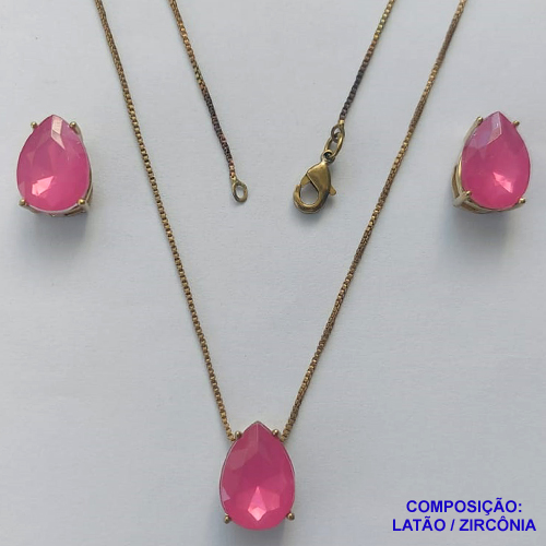CONJUNTO NO BRUTO PRONTO PARA O BANHO - CORRENTE VENEZIANA 45CM E PINGENTE E BRINCOS COM BASE EM ALTA FUSÃO E RESINAS ROSA 10X14MM - PESO TOTAL 6GR -  BRU14401