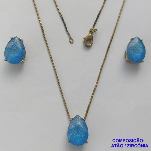 CONJUNTO NO BRUTO PRONTO PARA O BANHO - CORRENTE VENEZIANA 45CM E PINGENTE E BRINCOS COM BASE EM ALTA FUSÃO E RESINAS AZUL 10X14MM - PESO TOTAL 6GR -  BRU14402