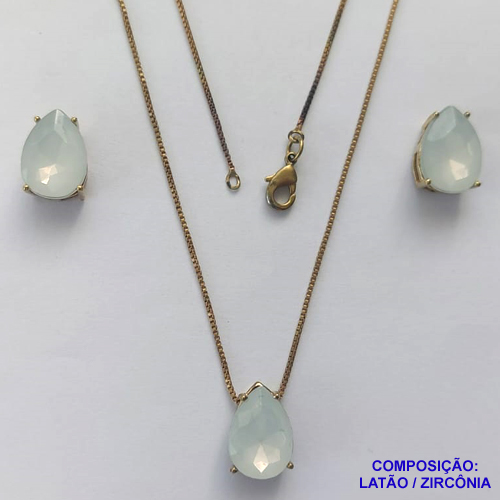 CONJUNTO NO BRUTO PRONTO PARA O BANHO - CORRENTE VENEZIANA 45CM E PINGENTE E BRINCOS COM BASE EM ALTA FUSÃO E RESINAS BRANCA 10X14MM - PESO TOTAL 6GR -  BRU14404