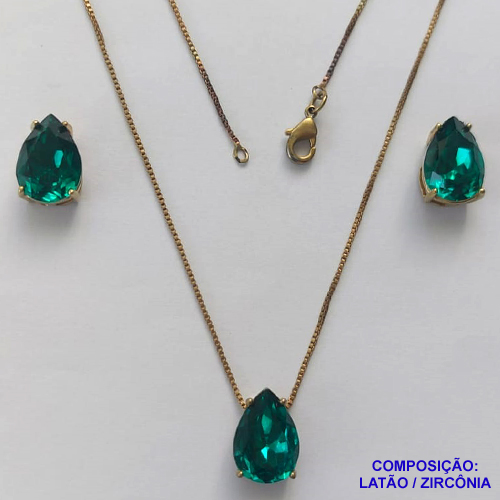 CONJUNTO NO BRUTO PRONTO PARA O BANHO - CORRENTE VENEZIANA 45CM E PINGENTE E BRINCOS COM BASE EM ALTA FUSÃO E RESINAS VERDE 10X14MM - PESO TOTAL 6GR -  BRU14405