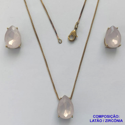 CONJUNTO NO BRUTO PRONTO PARA O BANHO - CORRENTE VENEZIANA 45CM E PINGENTE E BRINCOS COM BASE EM ALTA FUSÃO E RESINAS ROSA 10X14MM - PESO TOTAL 6GR -  BRU14407