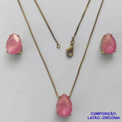 CONJUNTO NO BRUTO PRONTO PARA O BANHO - CORRENTE VENEZIANA 45CM E PINGENTE E BRINCOS COM BASE EM ALTA FUSÃO E RESINAS PINK 10X14MM - PESO TOTAL 6GR -  BRU14409