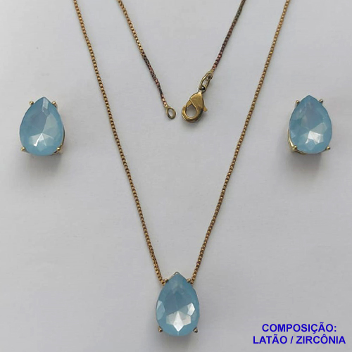 CONJUNTO NO BRUTO PRONTO PARA O BANHO - CORRENTE VENEZIANA 45CM E PINGENTE E BRINCOS COM BASE EM ALTA FUSÃO E RESINAS AZUL 10X14MM - PESO TOTAL 6GR -  BRU14412