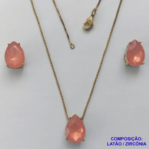 CONJUNTO NO BRUTO PRONTO PARA O BANHO - CORRENTE VENEZIANA 45CM E PINGENTE E BRINCOS COM BASE EM ALTA FUSÃO E RESINAS ROSA 10X14MM - PESO TOTAL 6GR -  BRU14413