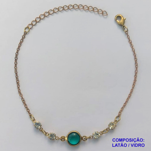 PULSEIRA PRONTO PARA O BANHO - (CX.50) PULSEIRA COM STRASS E PINGENTE EM VIDRO VERDE TAMANHO 17CM + EXTENSOR - PESO TOTAL 1,6GR - BRU14414