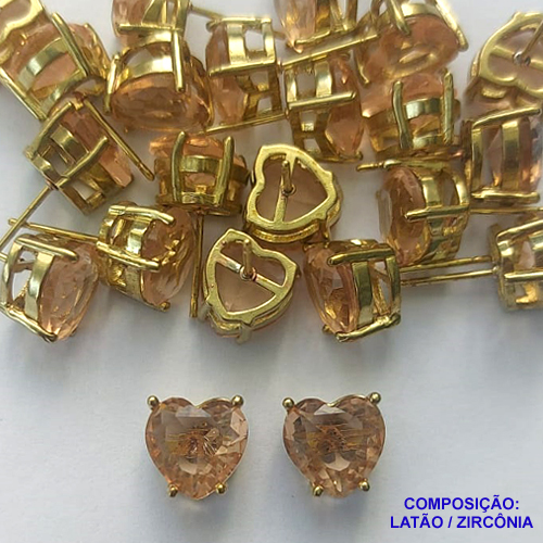 BRINCO NO BRUTO PRONTO PARA O BANHO - BRINCOS DE PINO COM BASE EM ALTA FUSÃO E PEDRA EM ZIRCÔNIA CORAÇÃO SALMÃO 10X10MM - PESO TOTAL 2,7GR - BRU14416