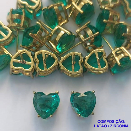 BRINCO NO BRUTO PRONTO PARA O BANHO - BRINCOS DE PINO COM BASE EM ALTA FUSÃO E PEDRA EM ZIRCÔNIA CORAÇÃO VERDE 10X10MM - PESO TOTAL 2,7GR - BRU14417