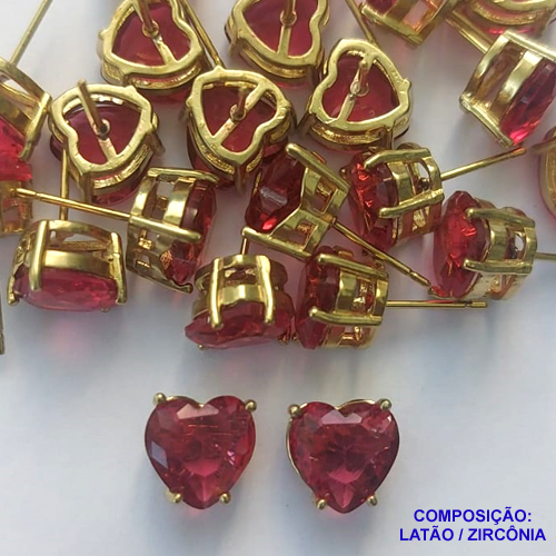 BRINCO NO BRUTO PRONTO PARA O BANHO - BRINCOS DE PINO COM BASE EM ALTA FUSÃO E PEDRA EM ZIRCÔNIA CORAÇÃO ROSA 10X10MM - PESO TOTAL 2,7GR - BRU14419