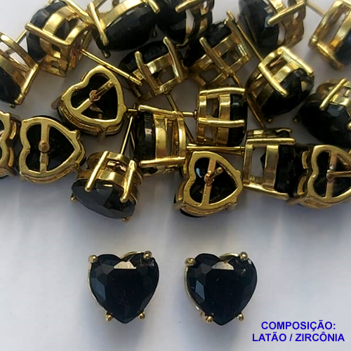 BRINCO NO BRUTO PRONTO PARA O BANHO - BRINCOS DE PINO COM BASE EM ALTA FUSÃO E PEDRA EM ZIRCÔNIA CORAÇÃO PRETO 10X10MM - PESO TOTAL 2,7GR - BRU14420