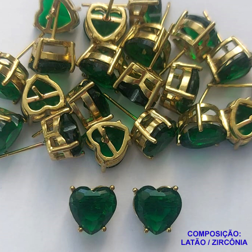 BRINCO NO BRUTO PRONTO PARA O BANHO - BRINCOS DE PINO COM BASE EM ALTA FUSÃO E PEDRA EM ZIRCÔNIA CORAÇÃO VERDE ESCURO 10X10MM - PESO TOTAL 2,7GR - BRU14423