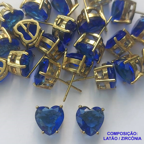 BRINCO NO BRUTO PRONTO PARA O BANHO - BRINCOS DE PINO COM BASE EM ALTA FUSÃO E PEDRA EM ZIRCÔNIA CORAÇÃO AZUL TURQUESA 10X10MM - PESO TOTAL 2,7GR - BRU14424