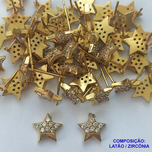 BRINCO NO BRUTO PRONTO PARA O BANHO(CX113) (BX001338W) - BRINCO DE PINO ESTRELA COM MICROS ZIRCÔNIAS - TAMANHO 9MM - PESO TOTAL DO PAR 1,1GR - BRU14435