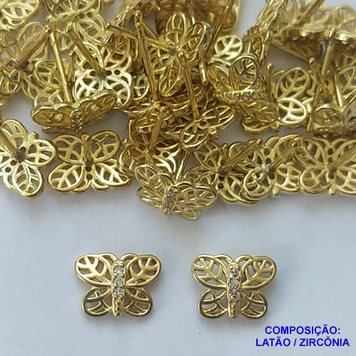 BRINCO NO BRUTO PRONTO PARA O BANHO(CX113) (BX001260W) - BRINCO DE PINO BORBOLETA COM MICROS ZIRCÔNIAS - TAMANHO 10MM - PESO TOTAL DO PAR 0,9GR - BRU14437