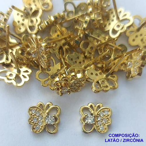 BRINCO NO BRUTO PRONTO PARA O BANHO(CX113) (BX001314W) - BRINCO DE PINO BORBOLETA COM MICROS ZIRCÔNIAS - TAMANHO 9MM - PESO TOTAL DO PAR 1,2GR - BRU14438
