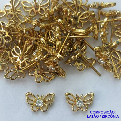 BRINCO NO BRUTO PRONTO PARA O BANHO (BX001446W) - BRINCO DE PINO BORBOLETA COM MICROS ZIRCÔNIAS - TAMANHO 6MM - PESO TOTAL DO PAR 0,7GR - BRU14442