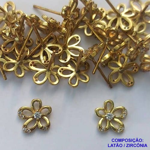 BRINCO NO BRUTO PRONTO PARA O BANHO(CX113) (BX000211W) - BRINCO DE PINO FLOR COM MICROS ZIRCÔNIAS - TAMANHO 9MM - PESO TOTAL DO PAR 1,3GR - BRU14444