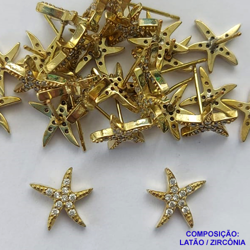 BRINCO NO BRUTO PRONTO PARA O BANHO(CX113) (BX000007W) - BRINCO DE PINO ESTRELA DO MAR COM MICROS ZIRCÔNIAS - TAMANHO 10MM - PESO TOTAL DO PAR 1,2GR - BRU14452