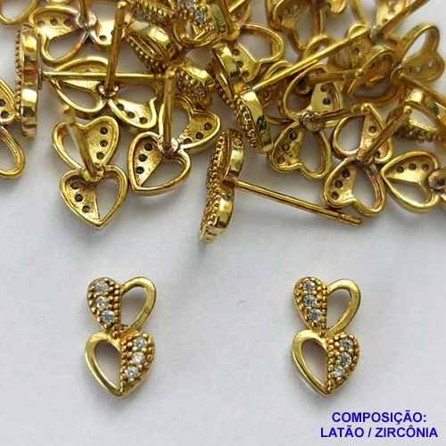 BRINCO NO BRUTO PRONTO PARA O BANHO(CX113) (BX001287W) - BRINCO DE PINO CORAÇÕES COM MICROS ZIRCÔNIAS - TAMANHO 8MM - PESO TOTAL DO PAR 0,5GR - BRU14455