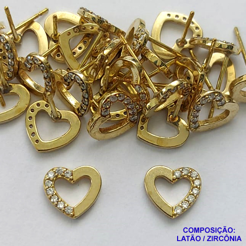 BRINCO NO BRUTO PRONTO PARA O BANHO(CX113)(BX000554W) - BRINCO DE PINO CORAÇÃO COM MICROS ZIRCÔNIAS - TAMANHO 8MM - PESO TOTAL DO PAR 0,8GR - BRU14458