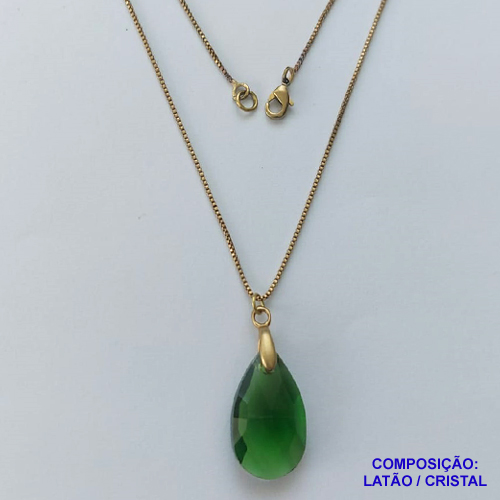 GARGANTILHA NO BRUTO PRONTA PARA O BANHO - CORRENTE VENEZIANA DE 45CM PINGENTE CRISTAL VERDE 13X22MM  - PESO TOTAL 3,9GR - BRU14465
