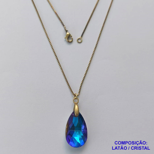 GARGANTILHA NO BRUTO PRONTA PARA O BANHO - CORRENTE VENEZIANA DE 45CM PINGENTE CRISTAL AZUL 13X22MM  - PESO TOTAL 4GR - BRU14468