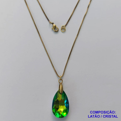 GARGANTILHA NO BRUTO PRONTA PARA O BANHO - CORRENTE VENEZIANA DE 45CM PINGENTE CRISTAL VERDE 13X22MM  - PESO TOTAL 4GR - BRU14469