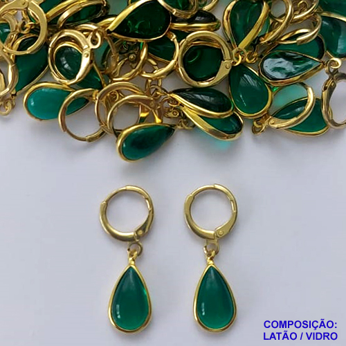 BRINCO NO BRUTO PRONTO BANHO - BRINCO ARGOLINHA DE PRESSÃO (TRANQUETA) COM PINGENTE GOTA EM VIDRO VERDE 13MM - PESO TOTAL 1,7GR - BRU14473
