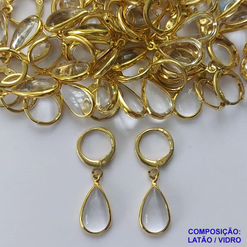 BRINCO NO BRUTO PRONTO BANHO - BRINCO ARGOLINHA DE PRESSÃO (TRANQUETA) COM PINGENTE GOTA EM VIDRO CRISTAL 13MM - PESO TOTAL 1,7GR - BRU14474