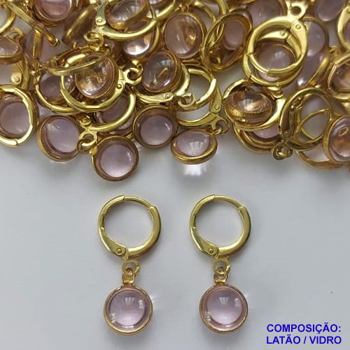 BRINCO NO BRUTO PRONTO BANHO - BRINCO ARGOLINHA DE PRESSÃO (TRANQUETA) COM PINGENTE REDONDO EM VIDRO ROSA 8MM - PESO TOTAL 1,6GR - BRU14477