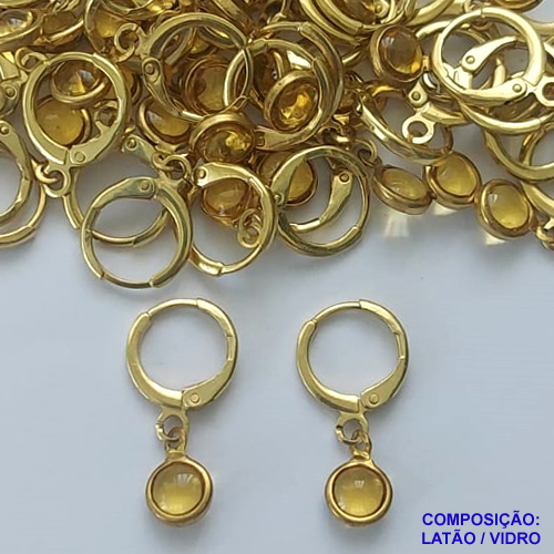 BRINCO NO BRUTO PRONTO BANHO - BRINCO ARGOLINHA DE PRESSÃO (TRANQUETA) COM PINGENTE REDONDO EM VIDRO AMARELO 6MM - PESO TOTAL 1,5GR - BRU14483