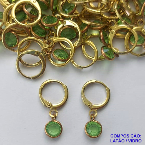 BRINCO NO BRUTO PRONTO BANHO - BRINCO ARGOLINHA DE PRESSÃO (TRANQUETA) COM PINGENTE REDONDO EM VIDRO VERDE 6MM - PESO TOTAL 1,5GR - BRU14485
