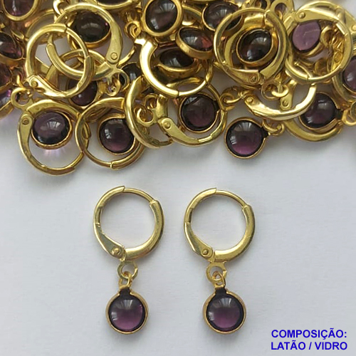 BRINCO NO BRUTO PRONTO BANHO - BRINCO ARGOLINHA DE PRESSÃO (TRANQUETA) COM PINGENTE REDONDO EM VIDRO ROXO 6MM - PESO TOTAL 1,5GR - BRU14487